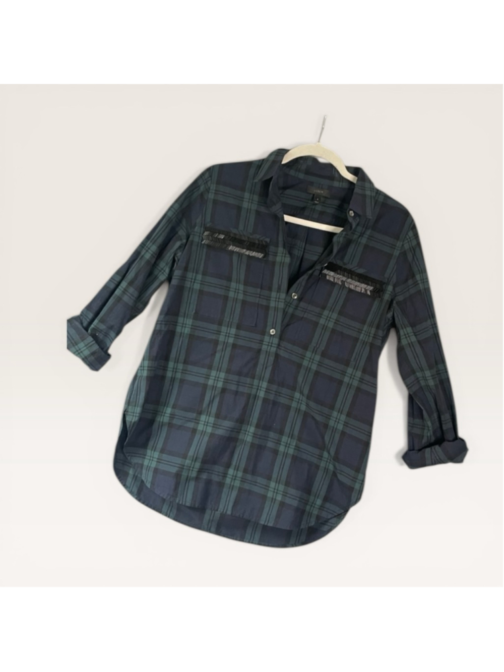 J.Crew Blackwatch Plaid Popover Shirt Womens Size 6 Navy Green
